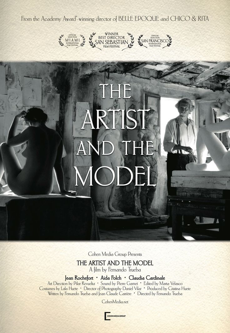 A black-and-white film poster for The Artist and the Model shows an older male artist standing beside a nude seated model, with light streaming through a large window. Text lists awards, credits, and the film’s title.