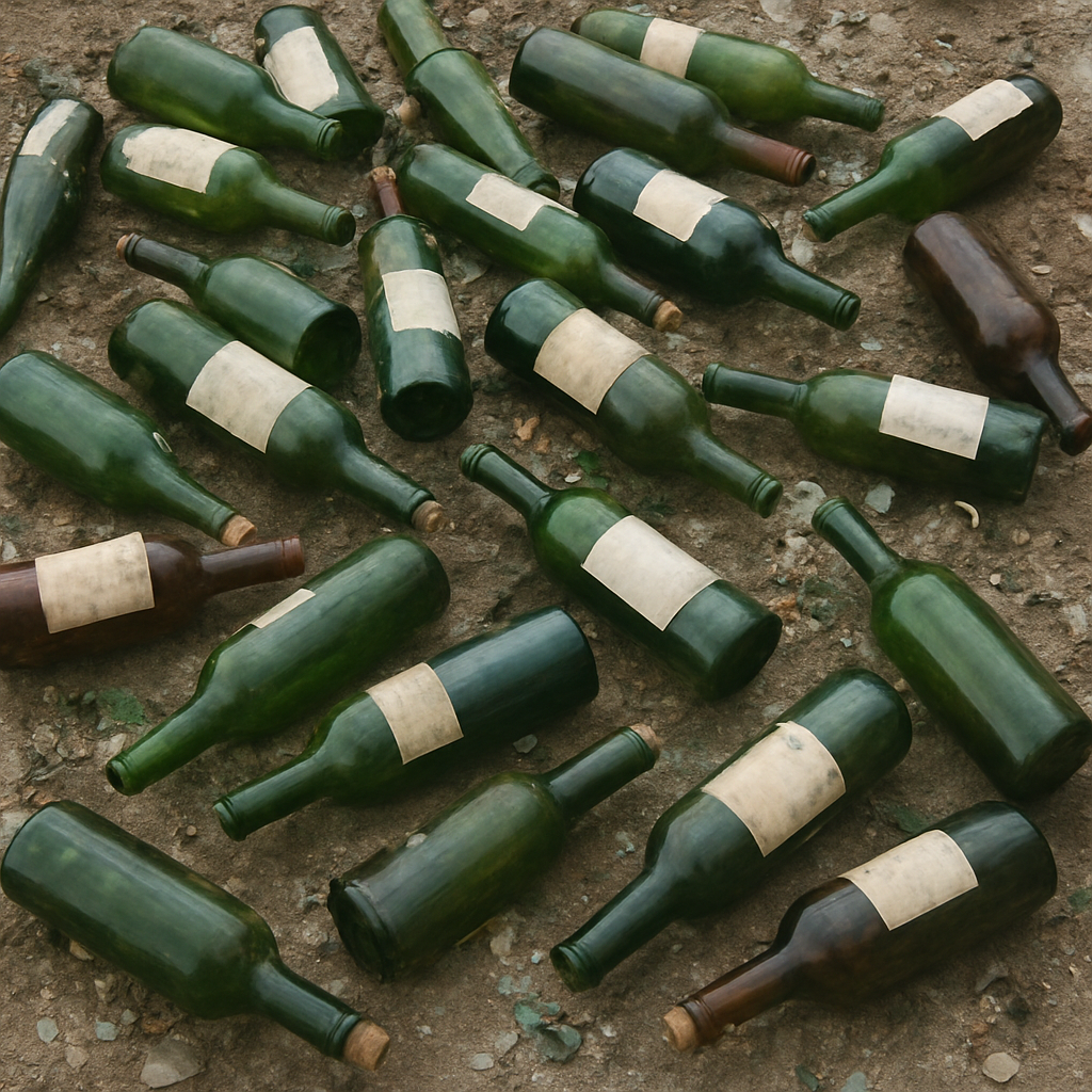 Several empty green glass bottles with worn, blank labels are scattered haphazardly on a rough, rocky ground surface.