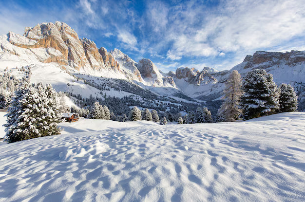 A snowy mountain landscape with snow-covered trees and a wooden cabin, set against rugged, sunlit peaks under a partly cloudy blue sky.