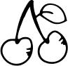 Simple black line drawing of two cherries with stems connected at the top, one leaf attached to the right stem.
