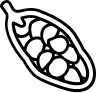 Black and white line drawing of an open pea pod with several round peas inside.