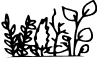 Black and white line drawing of various leafy plants and stems with different shapes and sizes grouped together, showing diverse foliage outlines.