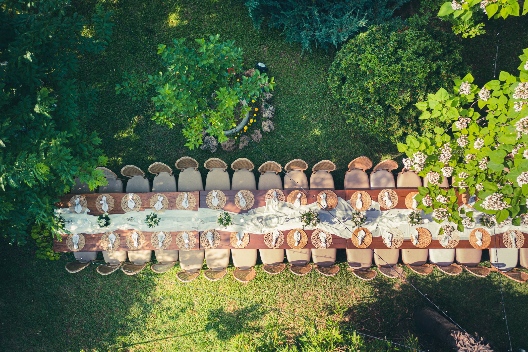 Aerial view of a long outdoor dining table with plates and napkins set, surrounded by empty chairs, on green grass and shaded by trees.