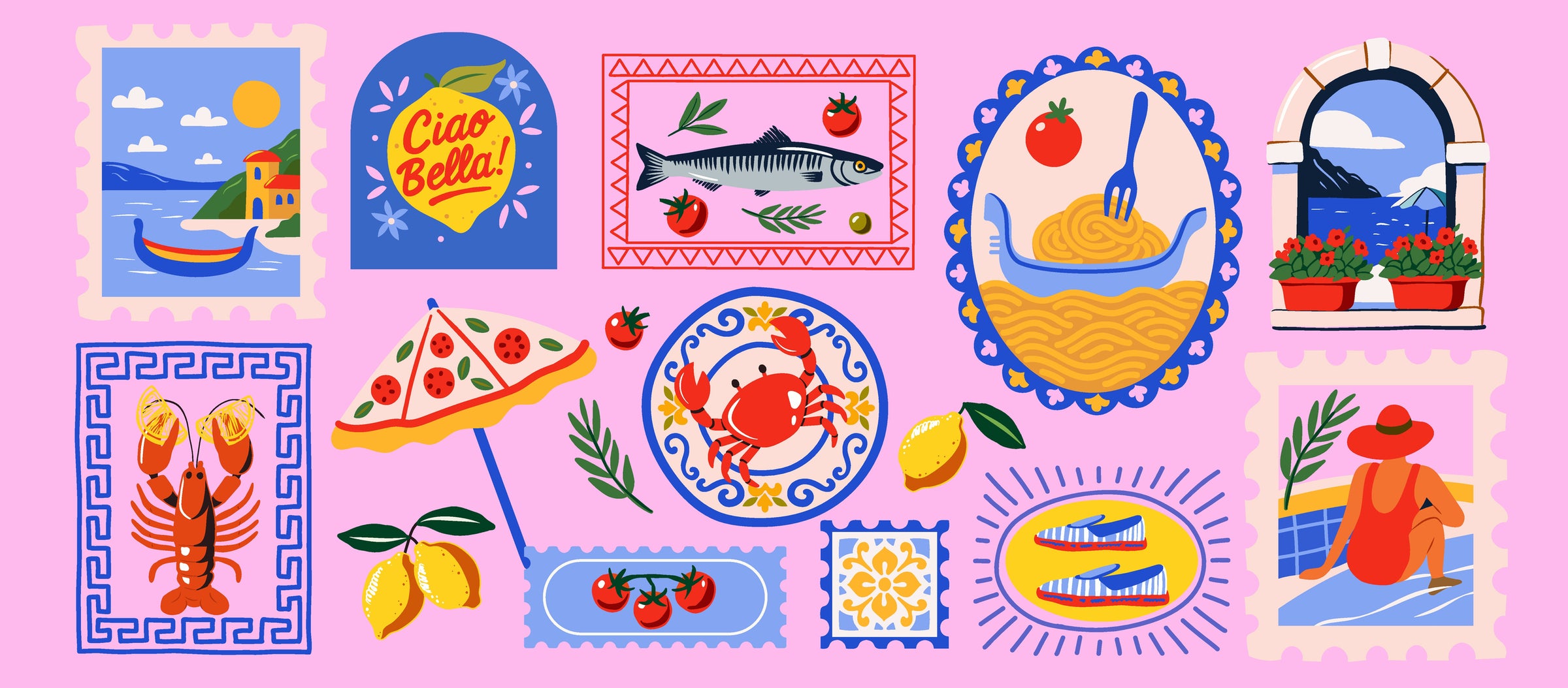 Colorful collage of Italian-themed illustrations, including seafood, pasta, pizza, lemons, shoes, a seaside village, mountains, and a woman in a hat by the water, all on a pink background with decorative frames.