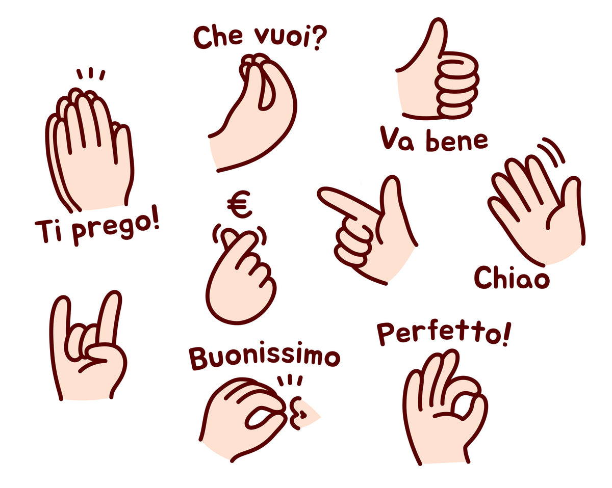 A collage of Italian hand gestures with phrases: praying hands for Ti prego!, pinched fingers for Che vuoi?, thumbs up for Va bene, waving for Chiao, and other gestures labeled with Italian words.