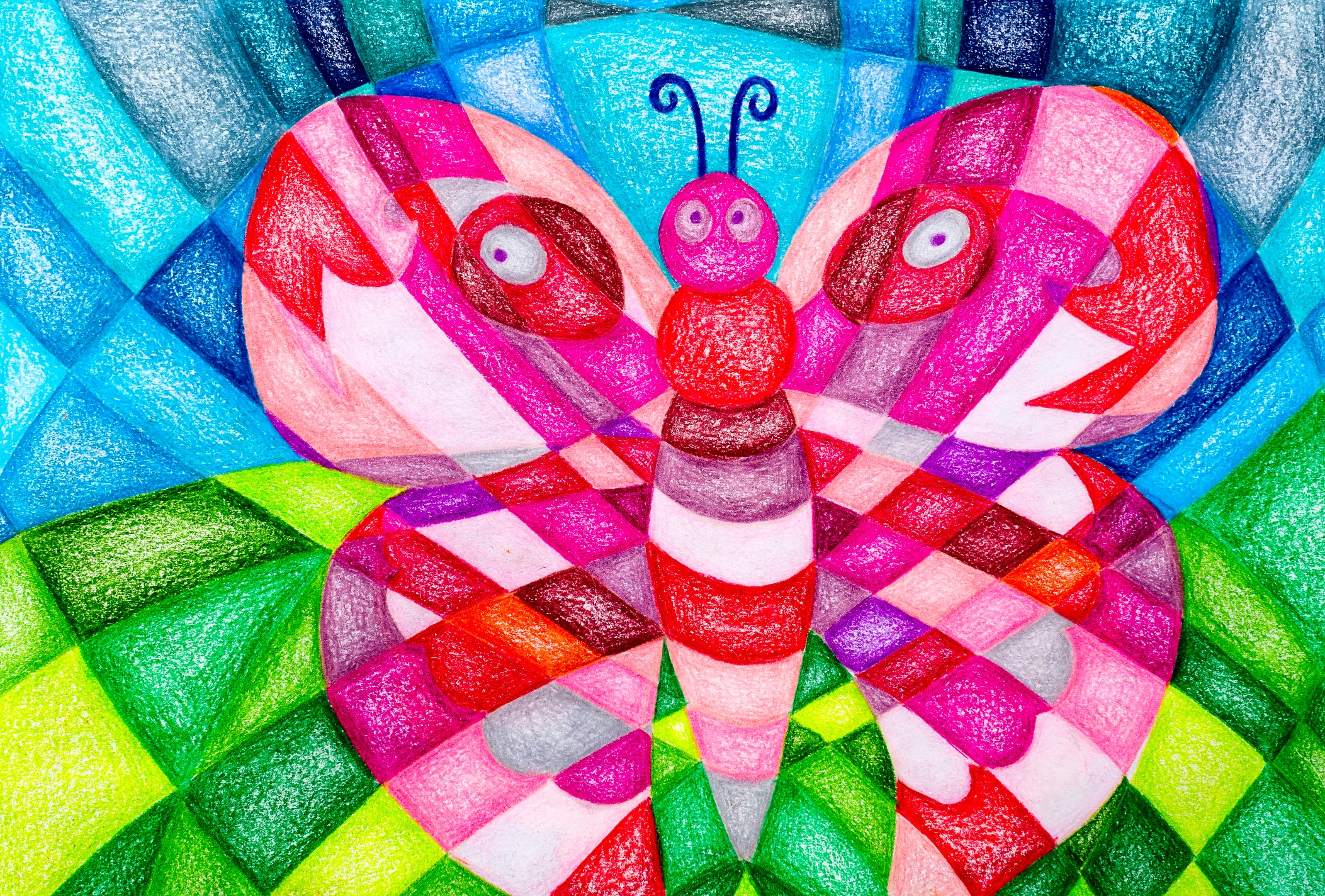 Colorful abstract drawing of a butterfly with vivid pink, red, and white wings set against a blue and green mosaic-like background. The butterfly has a rounded body, big eyes, and curled antennae.