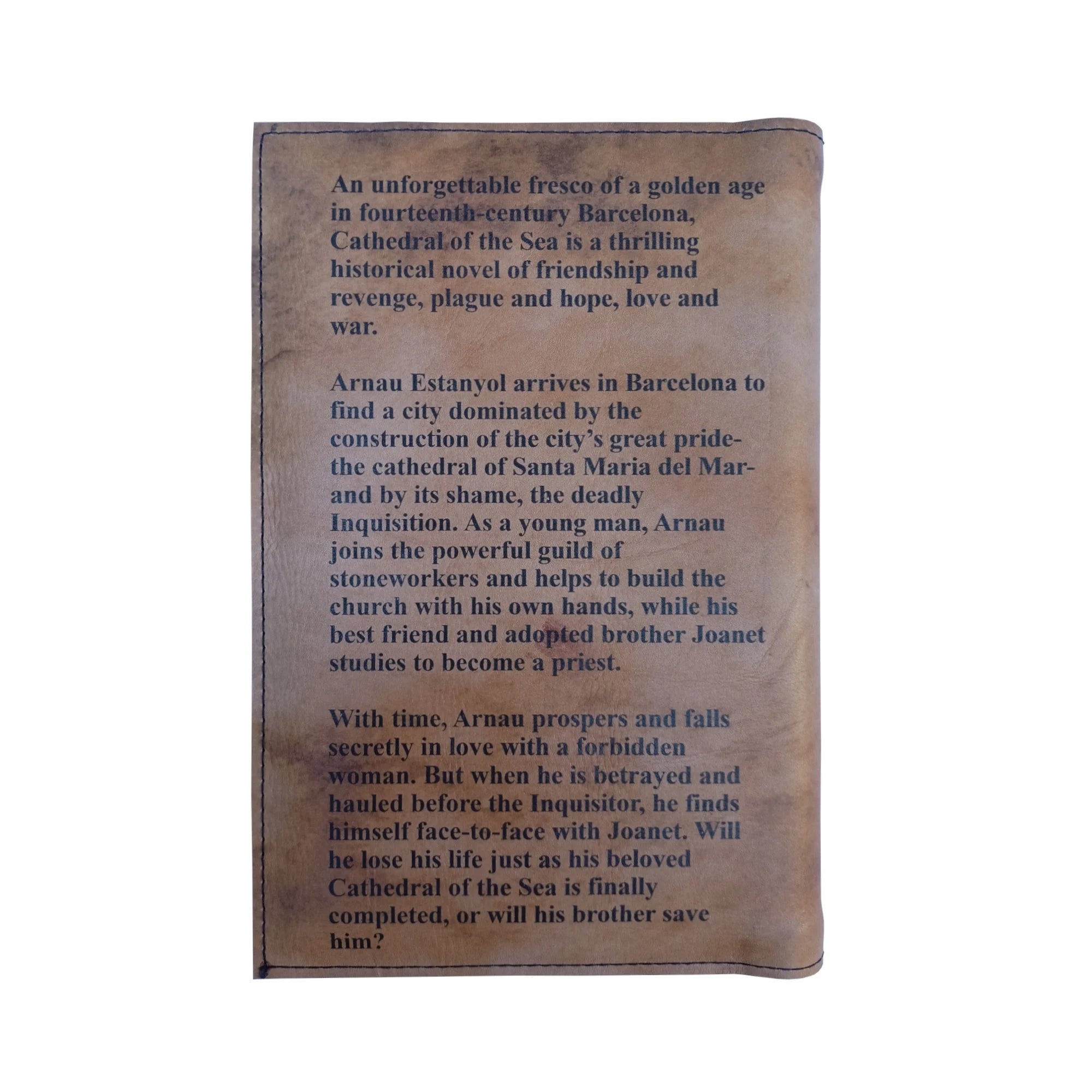 A weathered book page with printed text describing a historical novel set in fourteenth-century Barcelona, featuring themes of friendship, love, and danger as the protagonist, Arnau, faces challenges building a cathedral.