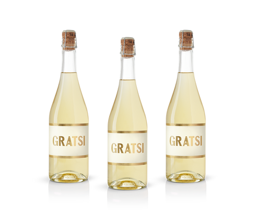 Three clear glass bottles of white wine with cork stoppers are shown side by side. Each bottle has a white label with the gold text GRATSI on it, set against a plain white background.