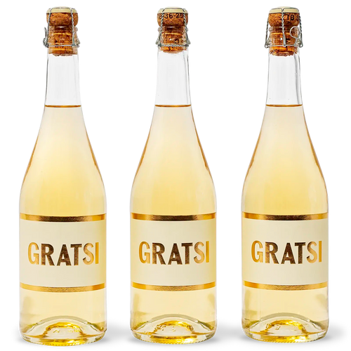 Three clear bottles of sparkling wine, each labeled GRATSI in gold letters, are displayed side by side against a white background.