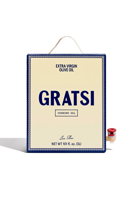 A rectangular container of Gratsi 100% Greek Extra Virgin Olive Oil featuring a carry handle and a side dispensing spout.