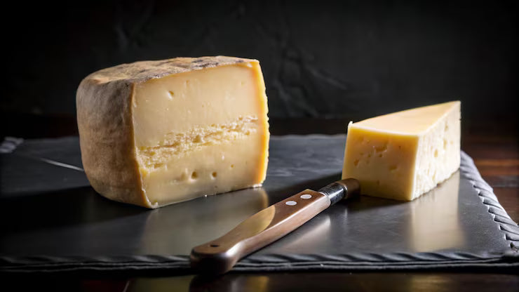 A wheel of semi-hard cheese with a wedge cut out sits on a slate board. A knife with a wooden handle rests in front of the cheese, and the background is dark and out of focus.